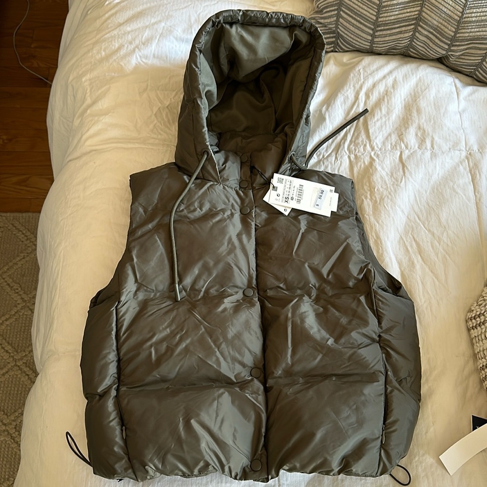 ZARA WATER REPELLENT PUFFER VEST KHAKI TAUPE BROWN JACKET COAT 8372/764/505 NWOT